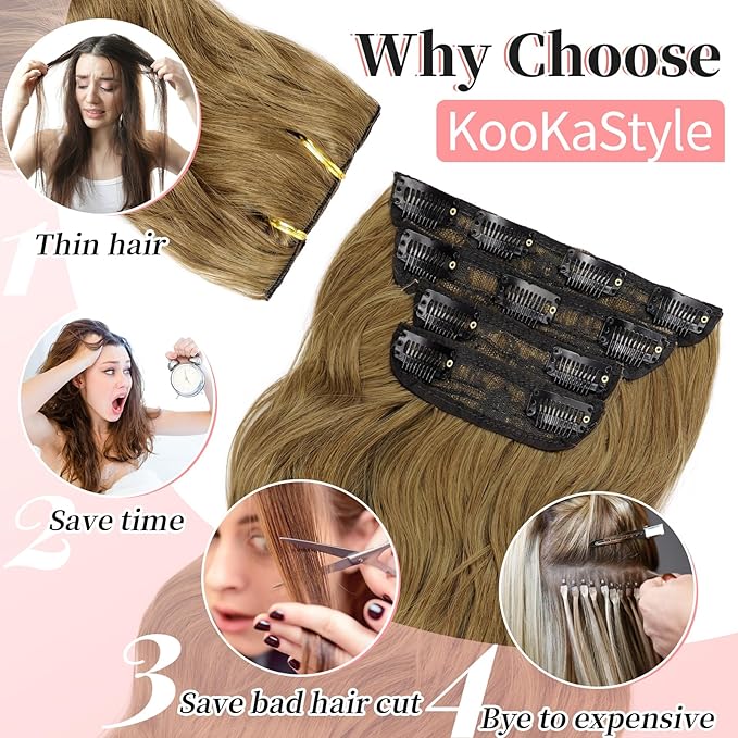 KooKaStyle Clip in Synthetic Hair Extensions Long Wavy 4PCS Thick Hairpieces Brown with Multi - Tone Highlights Fiber Double Weft Natural Hair Extensions 20 Inch for Women