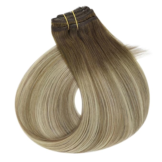 Full Shine Clip on Hair Extensions Human Hair 16 Inch Lace Clip in Extensions Real Human Hair Brown Ombre Ash Brown Mix Light Blonde Straight Remy Hair Extensions 3 Pcs 60 G