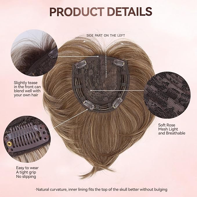 LEEONS Hair Toppers for Women with Bangs Short Bob Synthetic Pieces for Thinning Hair Side Part (Brown with Highlights)