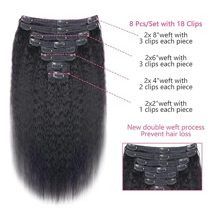 Clip in Hair Extensions Real Human Hair Clip ins Double Weft Kinky Straight Clip ins for Women 120g 8pcs Clip on Hair Extensions Human Hair (18 Inch)