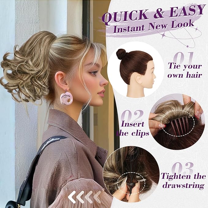 BARSDAR Short Highlight Ponytail Extension - 10 Inch Wavy Drawstring Comb Clip Pony Tails Hairpieces for Women, Synthetic Clip in Ponytail Hair Extensions - Chocolate Brown with Highlights