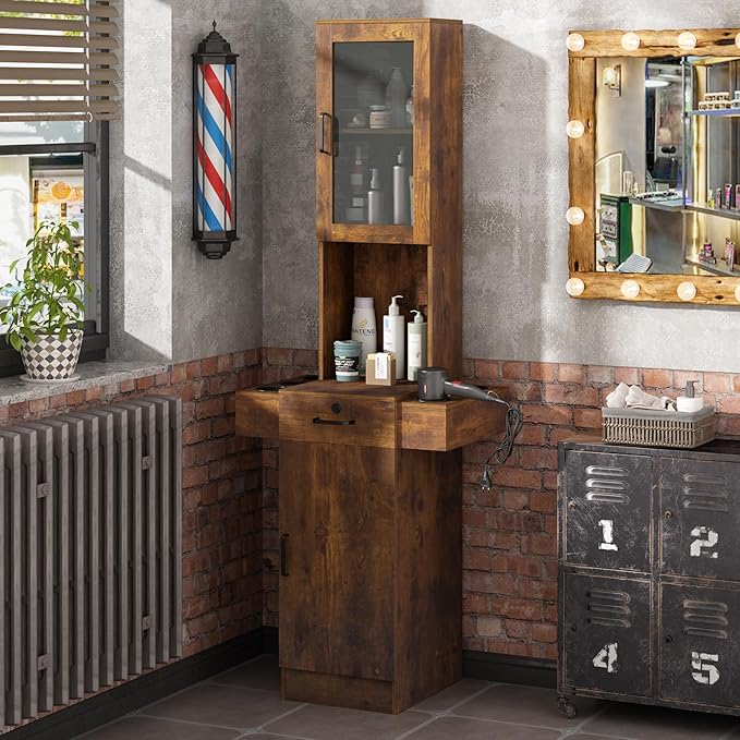 Salon Station for Hair Stylist,Hair Styling Storage Cabinet with Glass Door,Tool Dryer Holders, Salon Beauty Spa Barber Hair Staion,Rustic Brown