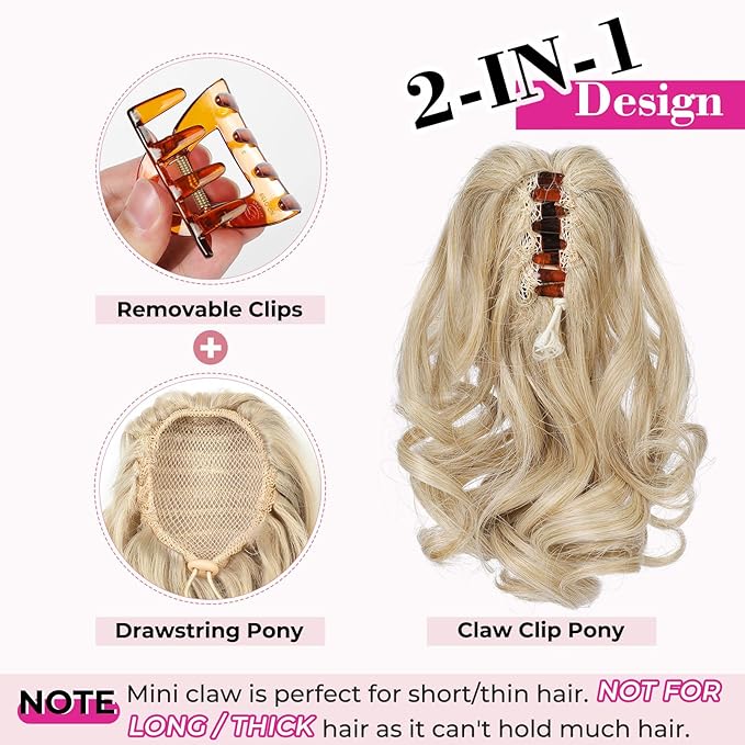REECHO 9" Short Ponytail Extension, Classic Loose Curly Wavy Claw Clip Pony tails Hair Extensions HP001 Hairpieces for Women - Medium Blonde