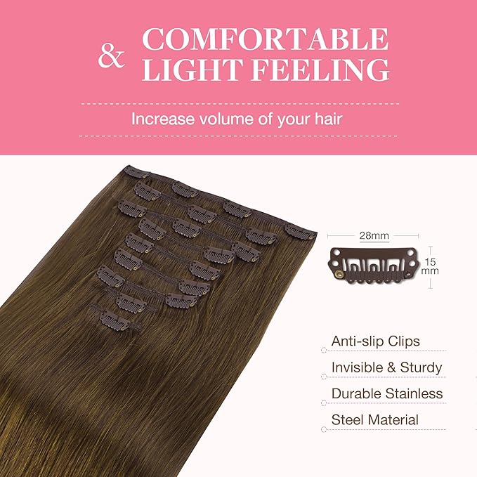GOO GOO Clip in Hair Extensions Real Human Hair, Remy Human Hair Extensions Clip ins for Women, Natural Human Hair, 18inch 150g 9Pcs, 4A Chocolate Brown