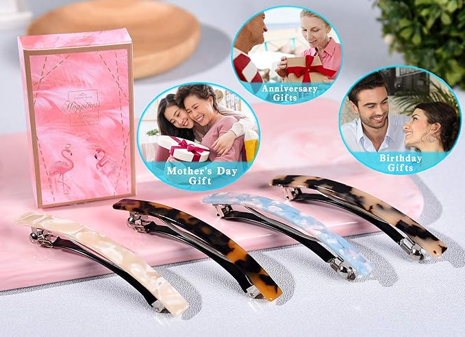 Fsmiling Hair Barrettes for Women French Hair Barrette Clip Large Acetate Hair Clips Barrette No Slip Hair Accessories 4-Pack