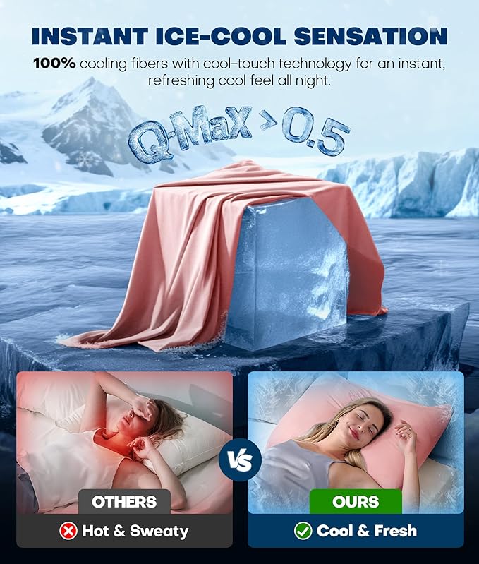 Ultra-Chill Cooling Pillowcase Set of 2 for Hot Sleepers, Softer Than Silk Pillow Cases for Protecting Hair & Skin, Breathable Bed Pillow Covers w/Zipper, Gifts for Women & Men (Pink, King)