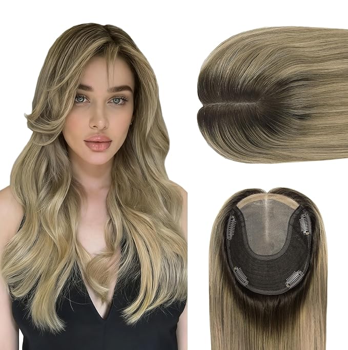WORLDSTAR Toppers for Women Real Human Hair, Hair Topper with No Bangs, 360° 3D Cover,14Inch,6 * 7 Inch Base,65g,#2/6/18 Dark Brown to Chestnut Brown and Dirty Blonde, Clip in Topper (tp#2/6/18-14)