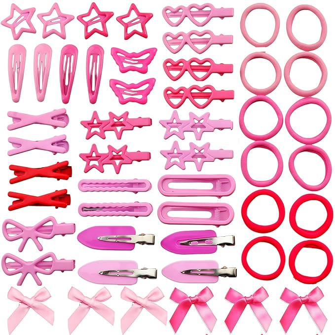 Pink Hair Clips Set for Women Styling 50pcs Bulk Barrettes Snap Hair Clips Ties Duck Bill Clip Metal Alligator No Crease Clip Bows Y2K Cute Bangs Hairclips Accessories (Pink)