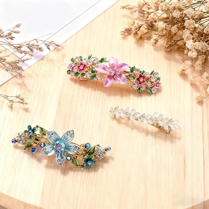 Enamel Flower Hair Clip Gift Set for Women - 3Pcs Vintage Rhinestone Barrettes for Thin & Thick Hair, Bridesmaid Hair Accessories, Teen Girl Birthday Gifts (Pink/Blue/Yellow Combo)