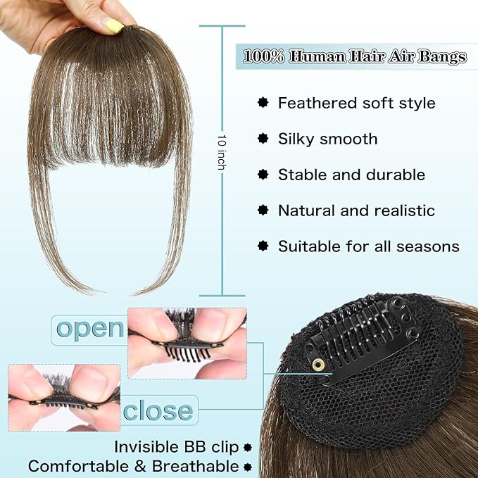 NAYOO Bangs Hair Clip - Brown Fake Bangs 100% Real Human Hair Extensions Wispy Bangs for Women Fringe with Temples Hairpieces Curved Bangs for Daily Wear(Brown, Wispy Bangs)