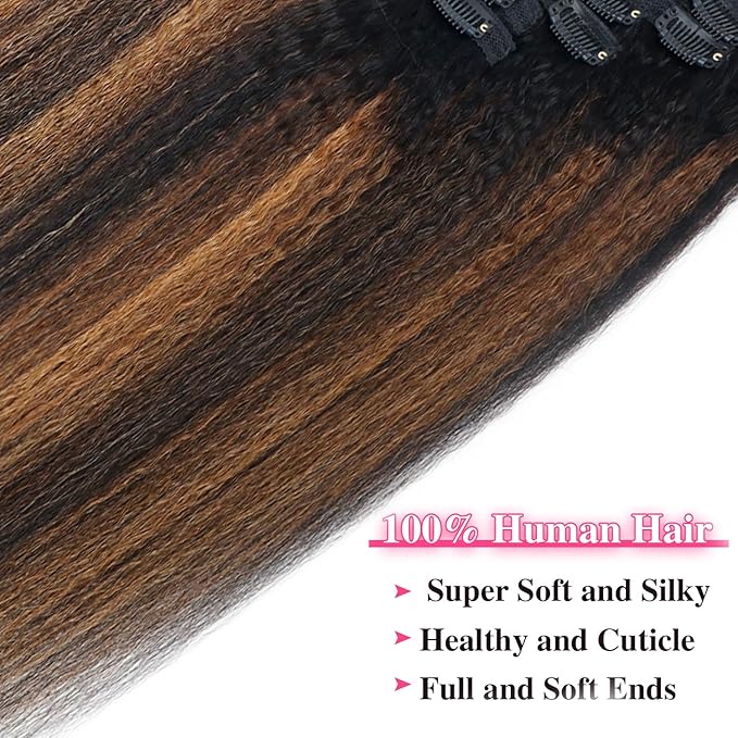 T1BP1B/30 Omber Kinky Straight Clip in Hair Extensions Real Human Hair For Women Highlight Hair Extensions Kinky Straight Clip ins(18inch,T1BP1B/30)