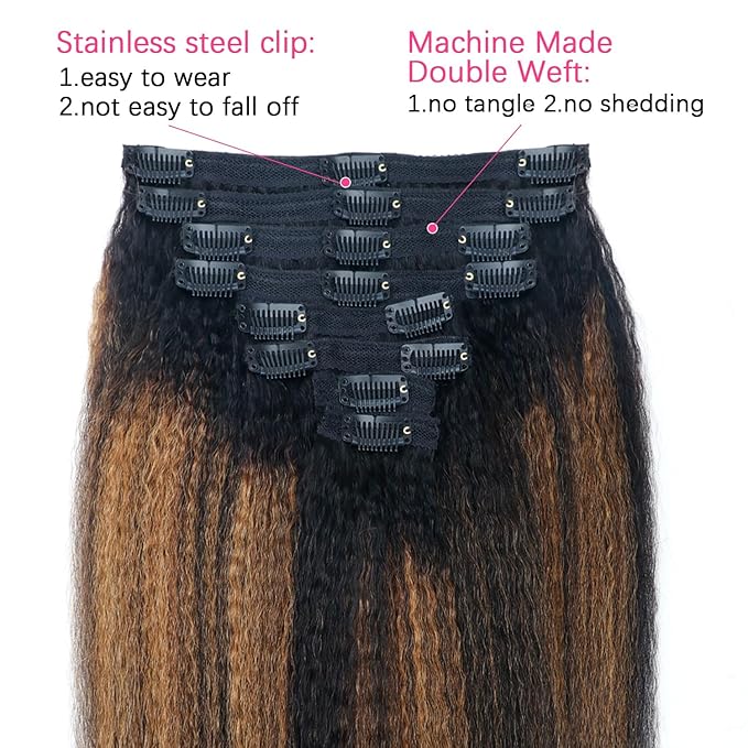 F1B/30 Omber Kinky Straight Clip in Hair Extensions Real Human Hair For Women Highlight Hair Extensions Kinky Straight Clip ins(20inch,T1BP1B/30)