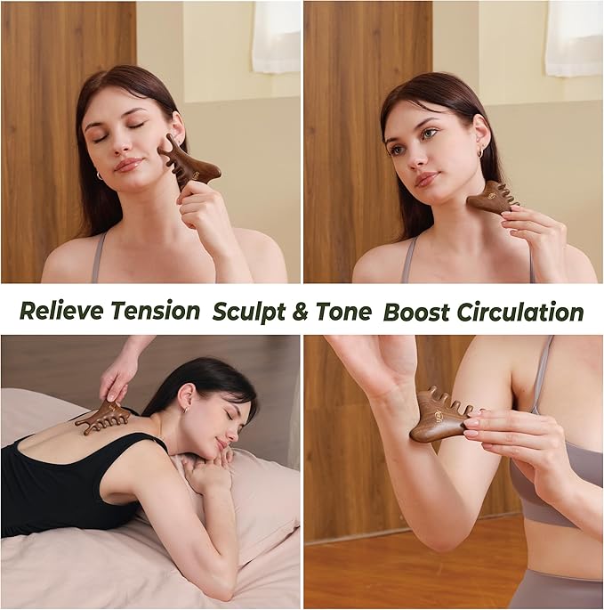 4-in-1 Gua Sha Tool with Mini Travel Small Massage Comb Set, Christmas Gifts for Women, Wooden Face & Body Massager Tool – Lymphatic Drainage, Jawline Sculpting, Head Scalp Massager Hair Growth