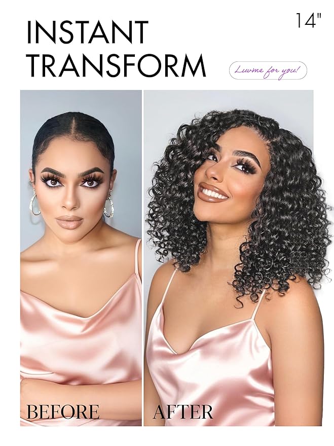 LUVME HAIR 100% Human Hair Wigs Curly Deep Wave Glueless Lace Front 14 Inches, Pre Cut Plucked Hd Lace Short Wig Ready To Go Natural Color Straight Bleached Knots Side Part Black Wigs