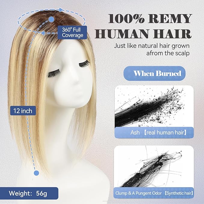 HAIRCUBE Hair Toppers 100% Real Human Hair,Ombre Blonde with Brown Highlight, 5.5"*5"MONO Large Base, 56g Hand-moven Real Human HairToppers for Women with ThinningHair