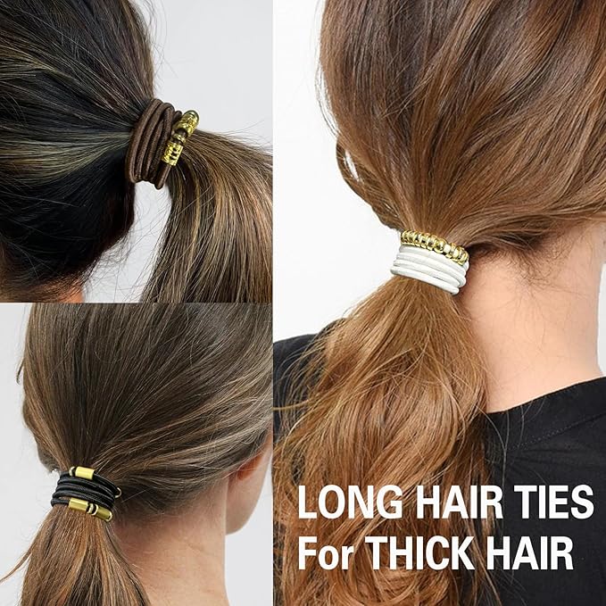 Blonde Extra Large Long Bracelet Hair Ties for Thick Curly Hair,3 Pack 3mm Elastic Ponytail Holders Accessories for Women No Damage Stretchy Pony Tails Bands with Gold Metal Charms Beads