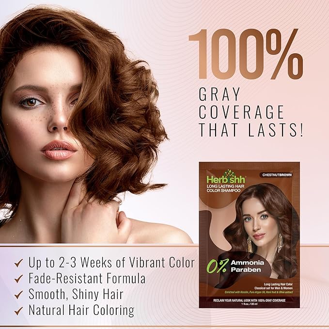 Herbishh Travel Pack Hair Dye Color Shampoo in Sachet + 1pc Argan Hair Mask Sachet (Chestnut brown, 1 sachet)