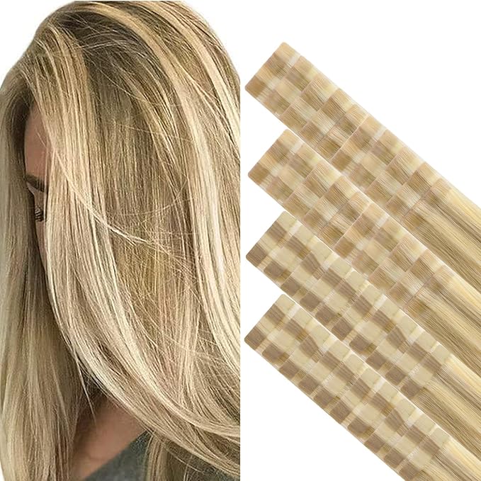 GOO GOO Invisi Edge Tape in Hair Extensions Human Hair, 16/22 Light Blonde Highlighted Golden Blonde 20pcs injected with 20pcs classical tape ins, 20inch 100g, Virgin Remy Hair, Natural Look