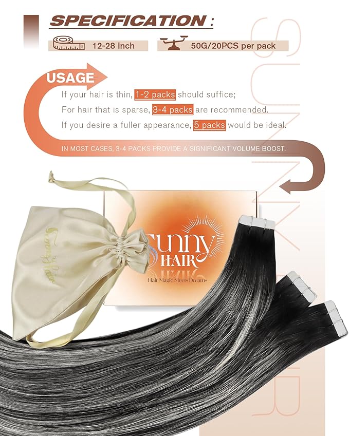Sunny Hair Tape in Hair Extensions Real Human Hair Invisible Remy Hair Extensions Tape ins for Women Natural Black Roots to Silver Grey Balayage 14 inch 20Pcs 50G