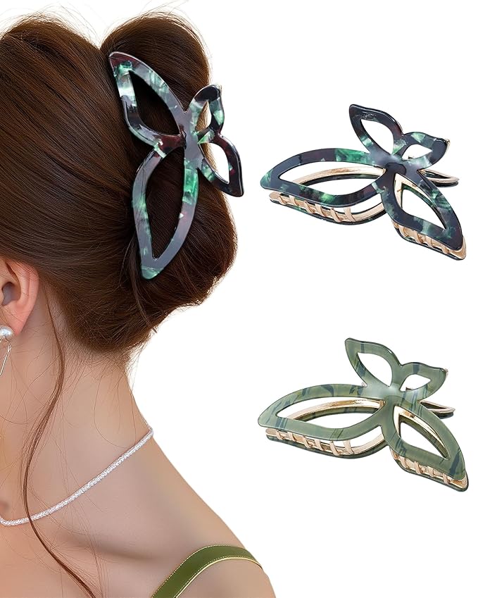 ACECHA 2 Pack Gold Metal Bow Hair Claw Clips for Women, Large Non-slip Butterfly Hairclips for Thin Thick Hair Claws Strong Hold Styling (Green)