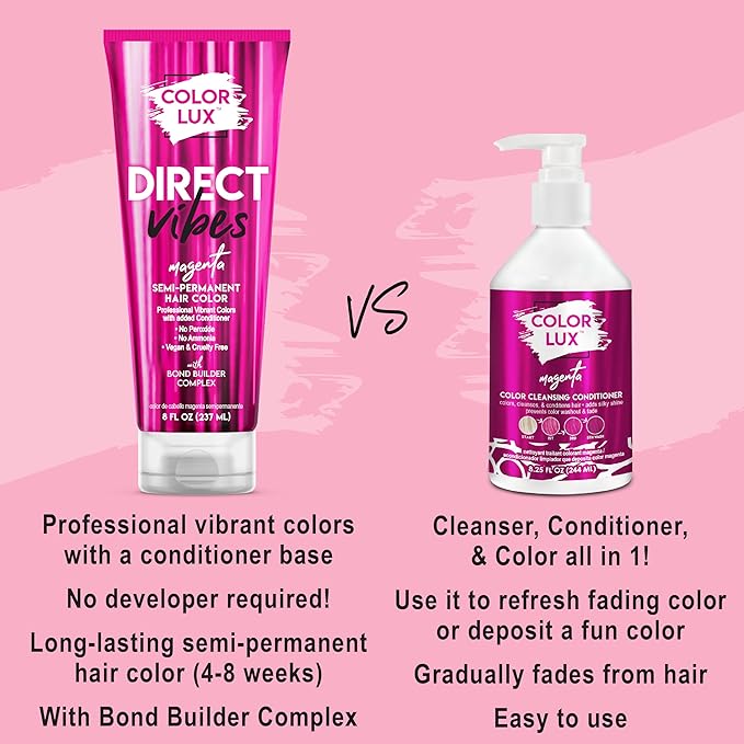 Color Lux Direct Vibes Semi-Permanent Hair Color, Magenta, Vibrant & Long-Lasting Shade, Ammonia-Free, Vegan, Sulfate-Free, Paraben-Free, 8 fl oz