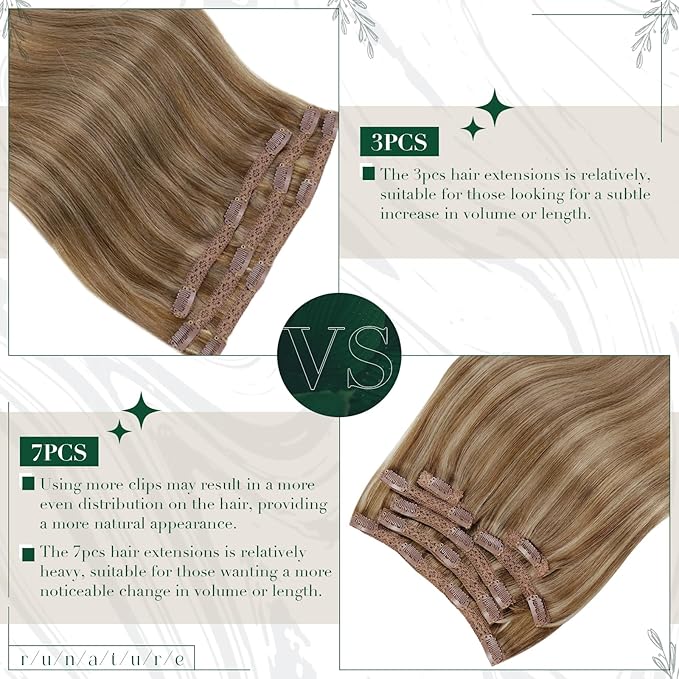 RUNATURE Clip in Hair Remy Human Hair Clip in Extensions 16 Inches Golden Brown with Golden Blonde Highlighted Color 10P16 50g 3pcs Double Weft Clip on Hair Extensions