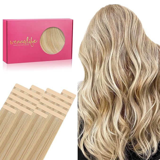 WENNALIFE Tape in Hair Extensions Human Hair, 20pcs 60g 28 inch Light Blonde Highlighted Golden Blonde Remy Hair Extensions Straight Human Hair Tape in Extensions Skin Weft Tape Extensions Human Hair