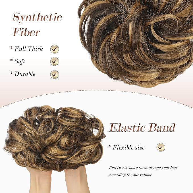 FESHFEN Messy Bun Hair Piece - Large Elastic Wavy Curly Hair Bun Scrunchies Ponytail Extensions Synthetic Chignon Hairpieces for Women, Brown Highlighted Caramel Blonde 1.94oz