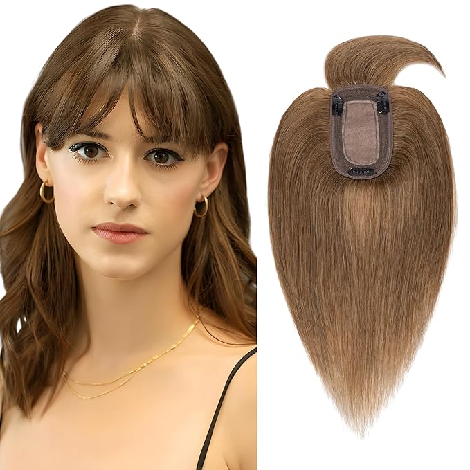 SEGO Hair Toppers for Women Real Human Hair with Thinning Hair, Toppers Hair Pieces Clip in Toppers Straight Hair Pieces with Front Bangs 150% Density Silk Base -6 Inch #6 Light Brown