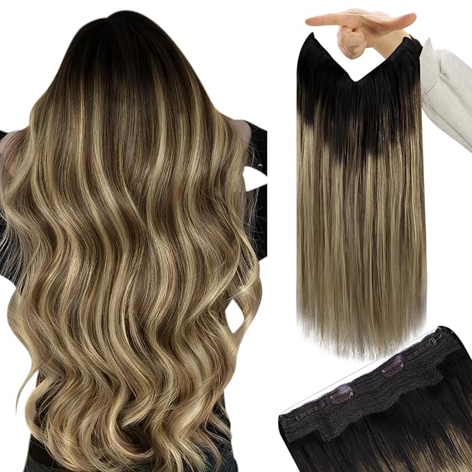 YoungSee Invisible Wire Hair Extensions Balayage Wire Human Hair Extension Dark Brown Ombre Medium Brown with Blonde Easy to Put in Headband Hair Extensions 16In 80G
