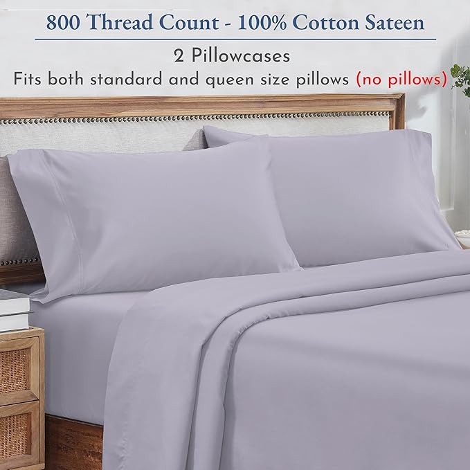 California Design Den 100% Cotton Pillow Cases Queen Set of 2, 800 Thread Count Pillowcases Sateen, Fits Queen and Standard Size Pillows (Lavender)