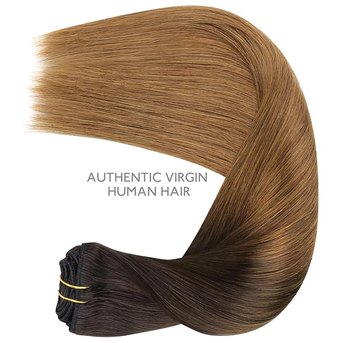 WENNALIFE Clip in Hair Extensions Real Human Hair, 22 Inch 120g 7pcs Human Hair Extensions Clip In Human Hair, Ombre Dark Brown to Light Chestnut Brown Clip In Real Hair Coloured Remy