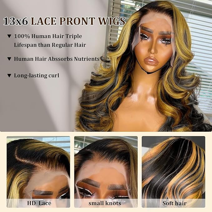 Ombre Highlight Lace Front Wig Human Hair Pre Plucked 200 Density HD Transparent 13x6 Body Wave Lace Frontal Human Hair Wigs for Women 28inch