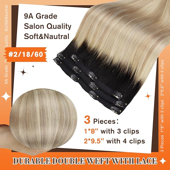 Full Shine 12 Inch Clip in Hair Extensions Real Human Hair Brown Ombre to Medium Blonde and Light Blonde Seamless Hair Extensions Clip in for Short Hair 3 PCS 60 G