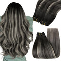 YoungSee Weft Hair Extensions Black Silver Sew in Hair Extensions Real Human Hair Balayage Black Grey One Piece Hair Extension Sew in 100g 20inch