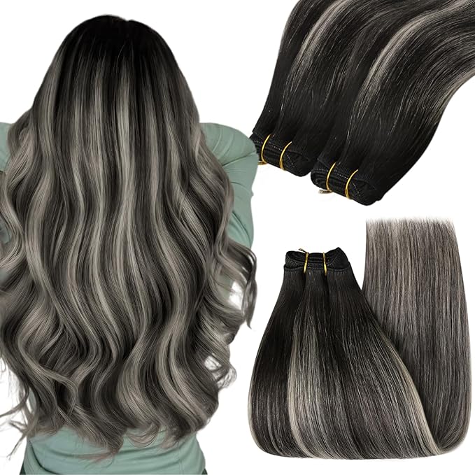 YoungSee 24 Inch Human Hair Sew in Extensions Black Balayage Double Weft Human Hair Extensions Silver Blonde Mix Natural Black Sew in Hair Extensions Remy Hair 100G
