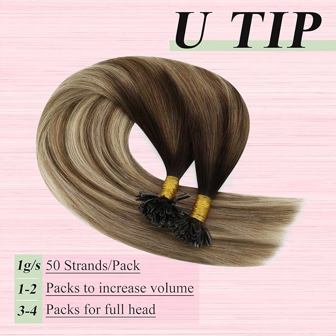 YoungSee Utip Hair Extensions Balayage U Tip Hair Extensions Remy Human Hair Brown Balayage Blonde Straight 18In 50s/50g