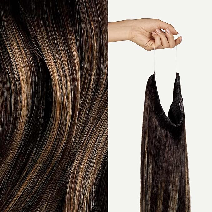 Luxy 100% Remy Human Hair – Halo Clip-In Hair Extensions –Natural Looking Volume & Length - One-Piece - Easy 5-Min Application 150 grams 12" Dark Brown Balayage