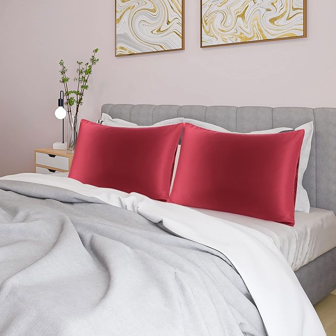 uxcell 2 Pack Silk Satin Pillowcase for Hair and Skin, Cool, Silky, Soft Breathable Pillow Cases Standard Size 20x26 Inch Sateen Pillowcase Burgundy with Envelope Closure