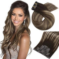 Moresoo Seamless Hair Extensions Clip in Dark Brown with Caramel Blonde Balayage Hair Extensions Clip in Human Hair Short Pu Skin Weft for Women 14inch 7pcs 120g