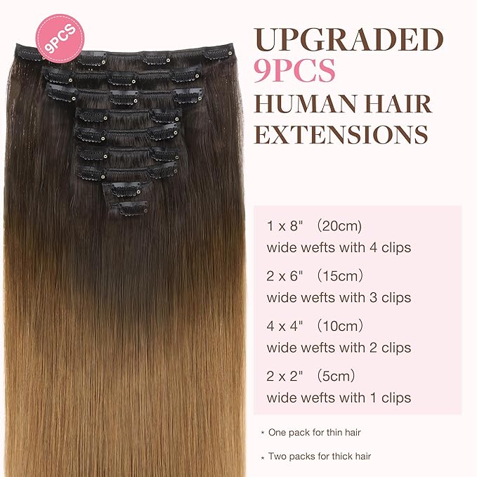 GOO GOO Clip in Hair Extensions Real Human Hair, Remy Human Hair Extensions Clip ins for Women, Natural Human Hair, 16inch 150g 9Pcs, 1D/2C/4E Chocolate Dip Color Melt