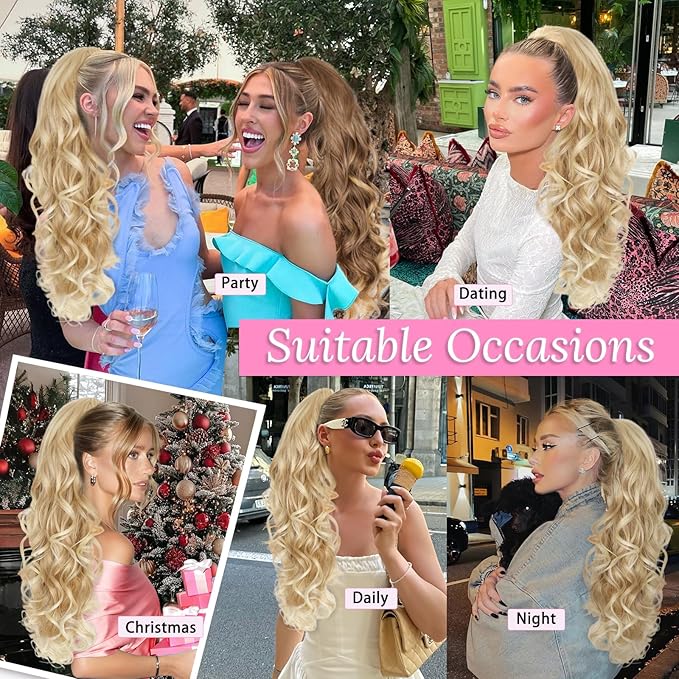ALXNAN Ponytail Extension,24 Inch Claw Clip in Long Curly Mixed Blonde Ponytail Hair Extension Jaw Clip on Pony Tails Hairpiece for Women