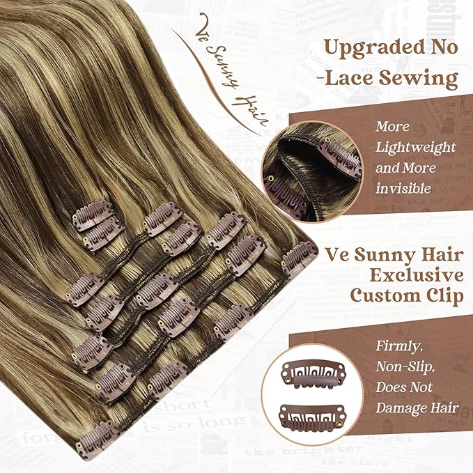 Ve Sunny Clip in Hair Extensions Real Human Hair Highlights Human Hair Clip in Extesnions Dark Brown Highlight Blonde Hair Extensions for Women Clip in 22Inch 7pcs 120g