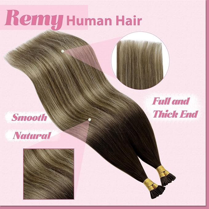 YoungSee I Tip Hair Extensions Dark Brown Ombre Blonde Itip Human Hair Extensions Balayage I Tip Extension Human Hair Pre Bonded Hair Extension Easy to Apply 22 Inch 50g 50s