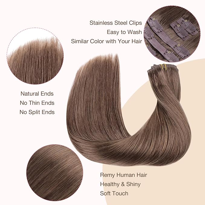 GOO GOO Clip in Hair Extensions Real Human Hair, Remy Human Hair Extensions Clip ins for Women, Natural Human Hair, 20inch 110g 7Pcs, 5 Light Ash Brown