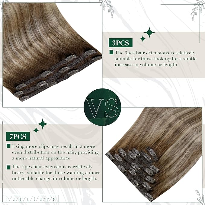 RUNATURE Balayage Clip in Hair Extensions, Real Human Hair Extensions Clip Ins, Double Weft Human Hair Clip in Extensions, Remy Natural Hair, 14 Inch 50g 3pcs #3/8/22 Walnut Brown to Blonde Balayage