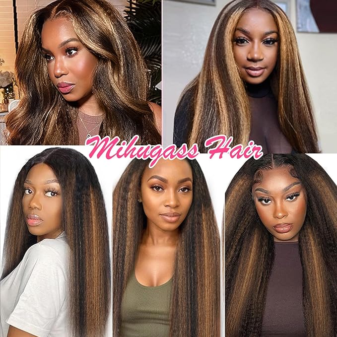 Kinky Straight Clip in Hair Extensions Real Human Hair For Women Highlight Hair Extensions Kinky Straight Clip ins (22inch,T1BP1B/30)