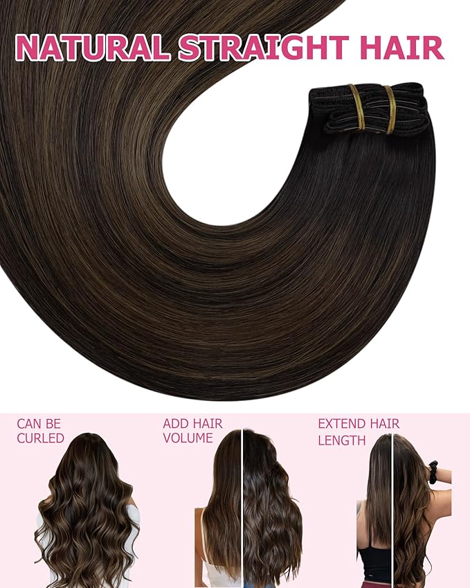 YoungSee Dark Brown Hair Extensions Clip ins Balayage Clip in Human Hair Extensions Dark Roots to Medium Brown Clip on Hair Extension for Women 14inch 120g