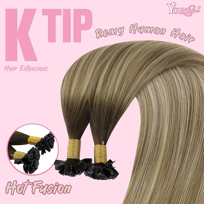 YoungSee Ktip Hair Extensions Human Hair Balayage K Tip Hair Extensions Real Human Hair Balayage Dark Brown to Brown with Blonde 20In 50s/50g