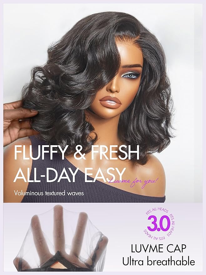 LUVME HAIR Loose Real 100% Wave Bob Human Hair Short Wigs Glueless Pre Cut Plucked Hd Lace Wig Ready To Go Natural Color Bleached Knots Side Part Black Wigs 16 Inches